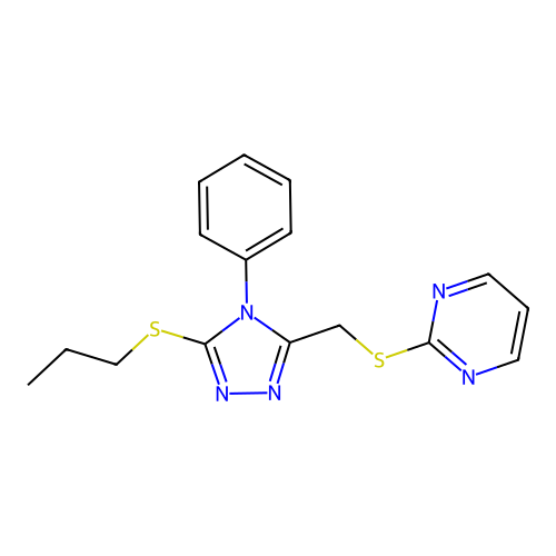 2-(((4-phenyl-5-(propylthio)-4H-1,2,4-triazol-3-yl)methyl)thio)pyrimidine structure