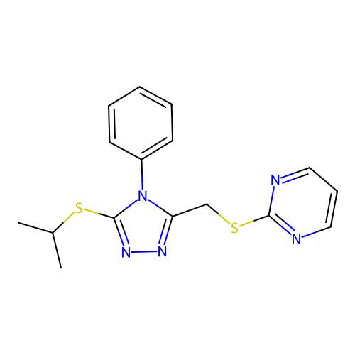 2-(((5-(isopropylthio)-4-phenyl-4H-1,2,4-triazol-3-yl)methyl)thio)pyrimidine structure