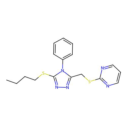 2-[(5-Butylsulfanyl-4-phenyl-1,2,4-triazol-3-yl)methylsulfanyl]pyrimidine structure