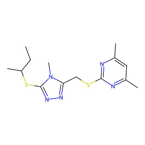 2-[(5-butan-2-ylsulfanyl-4-methyl-1,2,4-triazol-3-yl)methylsulfanyl]-4,6-dimethylpyrimidine structure