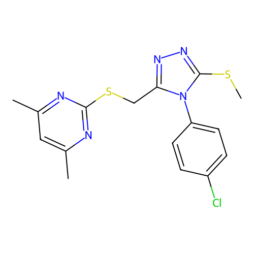 2-(((4-(4-chlorophenyl)-5-(methylthio)-4H-1,2,4-triazol-3-yl)methyl)thio)-4,6-dimethylpyrimidine structure