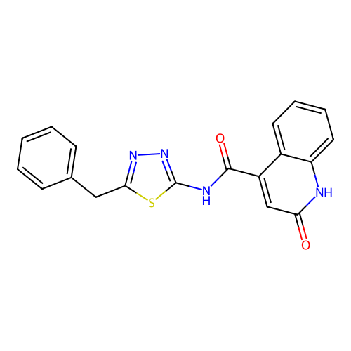 N-(5-benzyl-1,3,4-thiadiazol-2-yl)-2-hydroxyquinoline-4-carboxamide structure