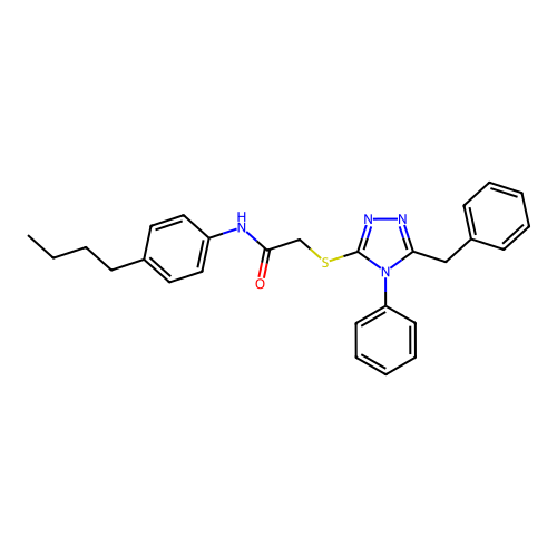 2-[(5-benzyl-4-phenyl-4H-1,2,4-triazol-3-yl)sulfanyl]-N-(4-butylphenyl)acetamide structure