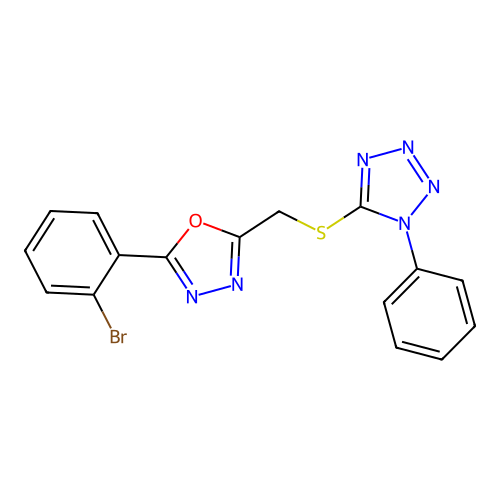 2-(2-Bromophenyl)-5-[(1-phenyltetrazol-5-yl)sulfanylmethyl]-1,3,4-oxadiazole structure