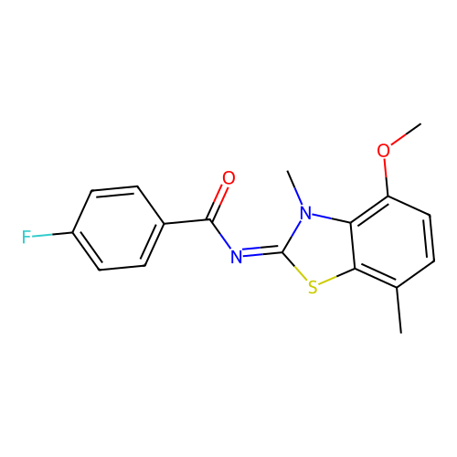 4-fluoro-N-(4-methoxy-3,7-dimethyl-1,3-benzothiazol-2-ylidene)benzamide structure