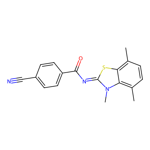 4-cyano-N-(3,4,7-trimethyl-1,3-benzothiazol-2-ylidene)benzamide structure