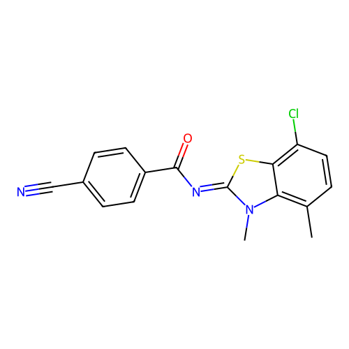 N-(7-chloro-3,4-dimethyl-1,3-benzothiazol-2-ylidene)-4-cyanobenzamide structure