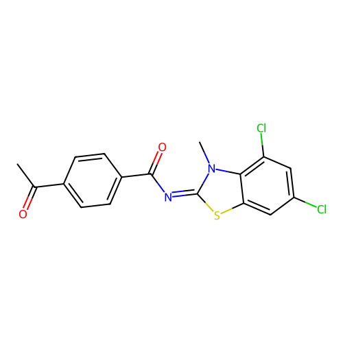 4-acetyl-N-(4,6-dichloro-3-methyl-1,3-benzothiazol-2-ylidene)benzamide structure