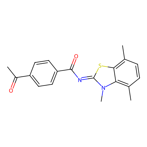4-acetyl-N-(3,4,7-trimethyl-1,3-benzothiazol-2-ylidene)benzamide structure