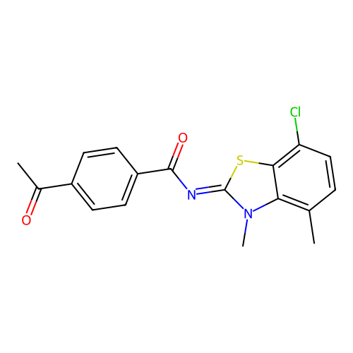 4-acetyl-N-(7-chloro-3,4-dimethyl-1,3-benzothiazol-2-ylidene)benzamide structure