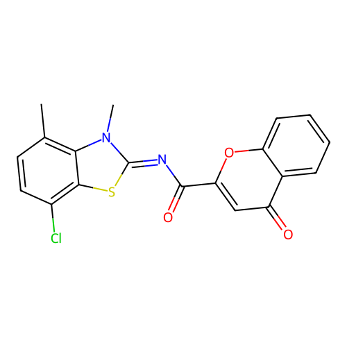 N-(7-chloro-3,4-dimethyl-1,3-benzothiazol-2-ylidene)-4-oxochromene-2-carboxamide structure