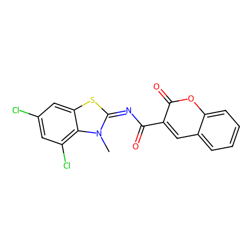 N-(4,6-dichloro-3-methyl-1,3-benzothiazol-2-ylidene)-2-oxochromene-3-carboxamide structure