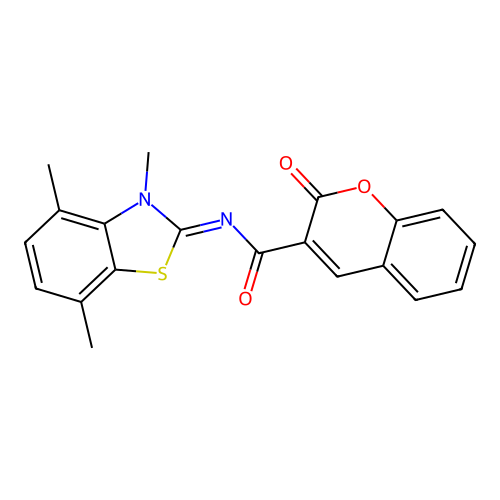 2-oxo-N-(3,4,7-trimethyl-1,3-benzothiazol-2-ylidene)chromene-3-carboxamide structure