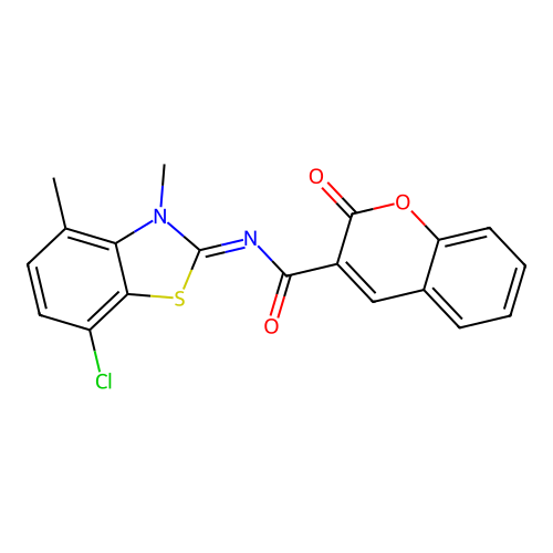N-(7-chloro-3,4-dimethyl-1,3-benzothiazol-2-ylidene)-2-oxochromene-3-carboxamide structure