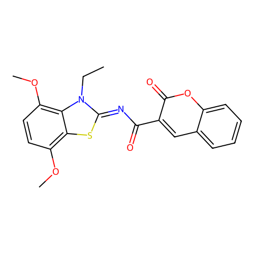 N-(3-ethyl-4,7-dimethoxy-1,3-benzothiazol-2-ylidene)-2-oxochromene-3-carboxamide structure