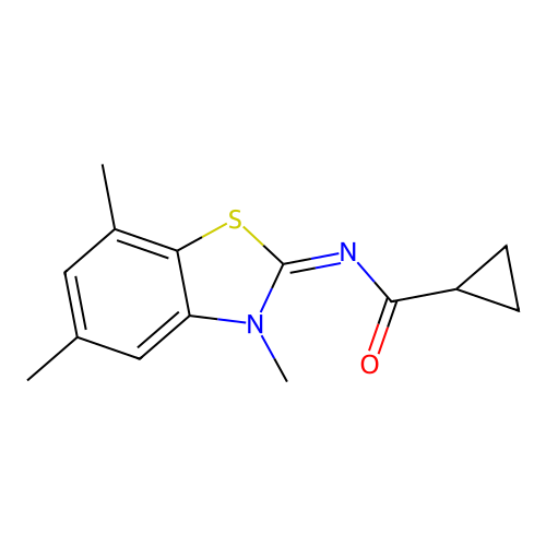 N-(3,5,7-trimethyl-1,3-benzothiazol-2-ylidene)cyclopropanecarboxamide structure