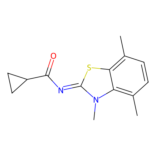 N-(3,4,7-trimethyl-1,3-benzothiazol-2-ylidene)cyclopropanecarboxamide structure