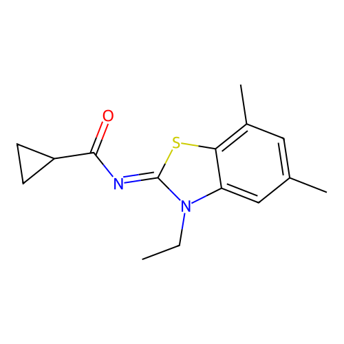 N-(3-ethyl-5,7-dimethyl-1,3-benzothiazol-2-ylidene)cyclopropanecarboxamide structure