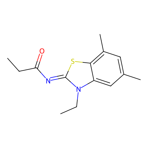 N-(3-ethyl-5,7-dimethyl-1,3-benzothiazol-2-ylidene)propanamide structure