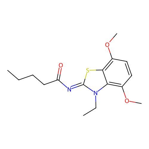 N-(3-ethyl-4,7-dimethoxy-1,3-benzothiazol-2-ylidene)pentanamide structure