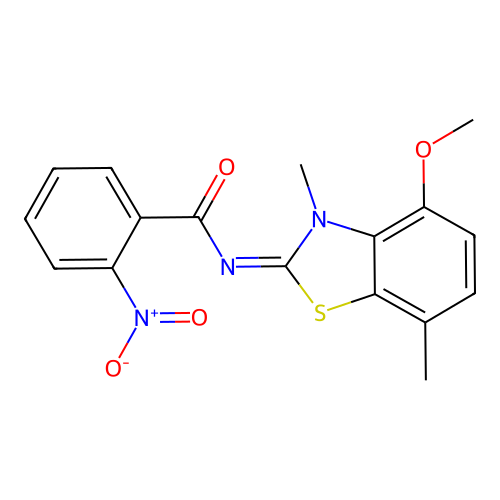N-(4-methoxy-3,7-dimethyl-1,3-benzothiazol-2-ylidene)-2-nitrobenzamide structure