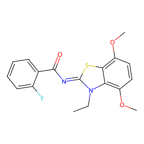 N-(3-ethyl-4,7-dimethoxy-1,3-benzothiazol-2-ylidene)-2-fluorobenzamide structure