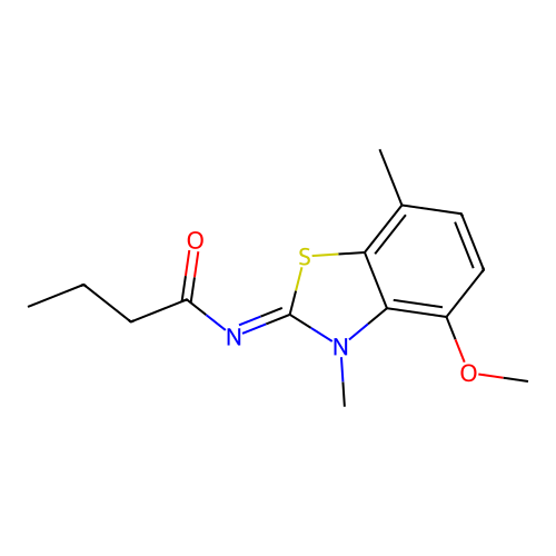 N-(4-methoxy-3,7-dimethyl-1,3-benzothiazol-2-ylidene)butanamide structure