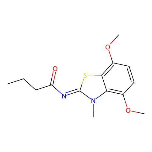 N-(4,7-dimethoxy-3-methyl-1,3-benzothiazol-2-ylidene)butanamide structure