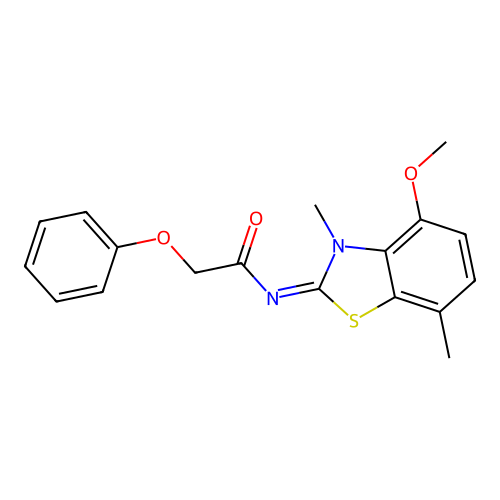 N-(4-methoxy-3,7-dimethyl-1,3-benzothiazol-2-ylidene)-2-phenoxyacetamide structure