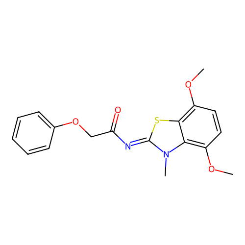 N-(4,7-dimethoxy-3-methyl-1,3-benzothiazol-2-ylidene)-2-phenoxyacetamide structure