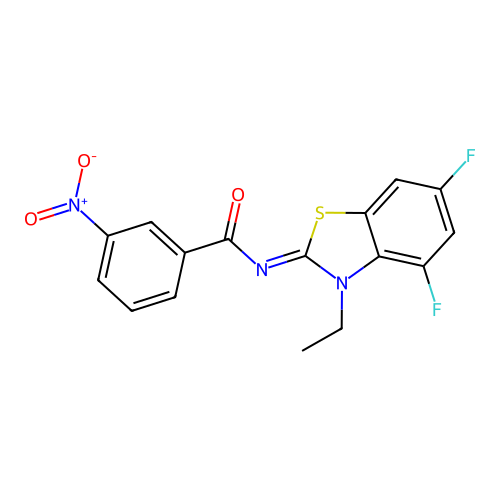 N-(3-ethyl-4,6-difluoro-1,3-benzothiazol-2-ylidene)-3-nitrobenzamide structure