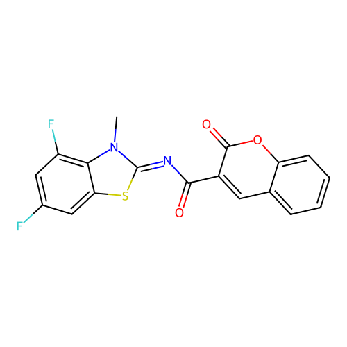 N-(4,6-difluoro-3-methyl-1,3-benzothiazol-2-ylidene)-2-oxochromene-3-carboxamide structure
