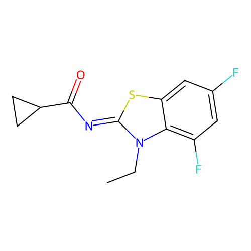 N-(3-ethyl-4,6-difluoro-1,3-benzothiazol-2-ylidene)cyclopropanecarboxamide structure