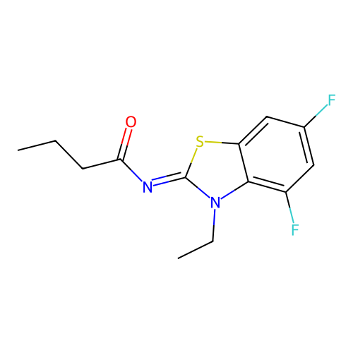 N-(3-ethyl-4,6-difluoro-1,3-benzothiazol-2-ylidene)butanamide structure