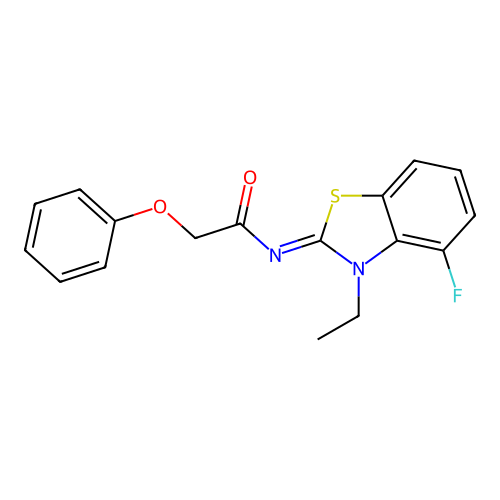 N-(3-ethyl-4-fluoro-1,3-benzothiazol-2-ylidene)-2-phenoxyacetamide structure