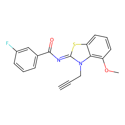 3-fluoro-N-(4-methoxy-3-prop-2-ynyl-1,3-benzothiazol-2-ylidene)benzamide structure
