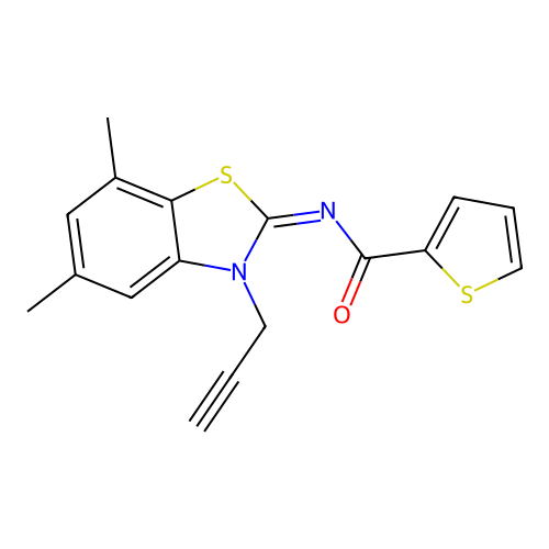 N-(5,7-dimethyl-3-prop-2-ynyl-1,3-benzothiazol-2-ylidene)thiophene-2-carboxamide structure