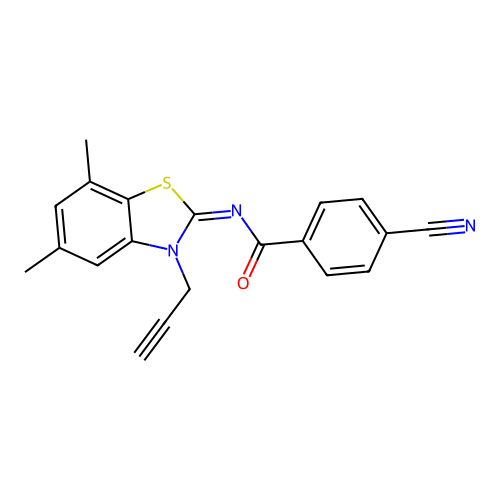 4-cyano-N-(5,7-dimethyl-3-prop-2-ynyl-1,3-benzothiazol-2-ylidene)benzamide structure
