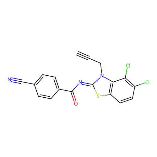 4-cyano-N-(4,5-dichloro-3-prop-2-ynyl-1,3-benzothiazol-2-ylidene)benzamide structure