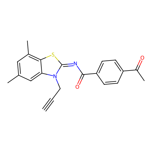 4-acetyl-N-(5,7-dimethyl-3-prop-2-ynyl-1,3-benzothiazol-2-ylidene)benzamide structure