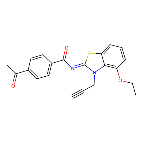 4-acetyl-N-(4-ethoxy-3-prop-2-ynyl-1,3-benzothiazol-2-ylidene)benzamide structure