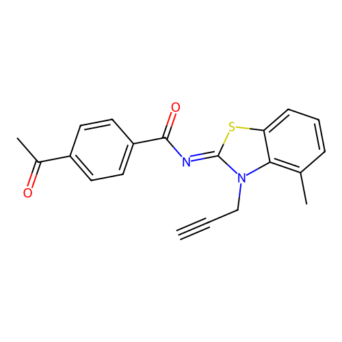 4-acetyl-N-(4-methyl-3-prop-2-ynyl-1,3-benzothiazol-2-ylidene)benzamide structure