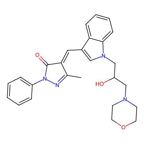 (4E)-4-({1-[2-hydroxy-3-(morpholin-4-yl)propyl]-1H-indol-3-yl}methylidene)-5-methyl-2-phenyl-2,4-dihydro-3H-pyrazol-3-one structure