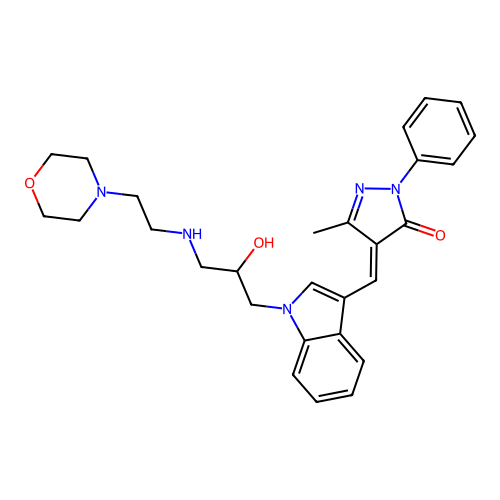 (4E)-4-[[1-[2-hydroxy-3-(2-morpholin-4-ylethylamino)propyl]indol-3-yl]methylidene]-5-methyl-2-phenylpyrazol-3-one structure