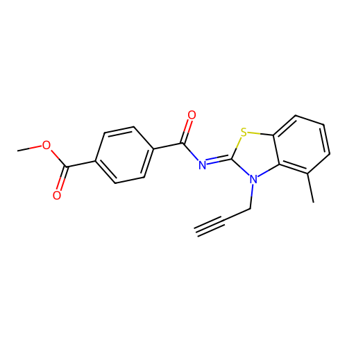 Methyl 4-[(4-methyl-3-prop-2-ynyl-1,3-benzothiazol-2-ylidene)carbamoyl]benzoate structure