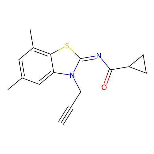 N-(5,7-dimethyl-3-prop-2-ynyl-1,3-benzothiazol-2-ylidene)cyclopropanecarboxamide structure