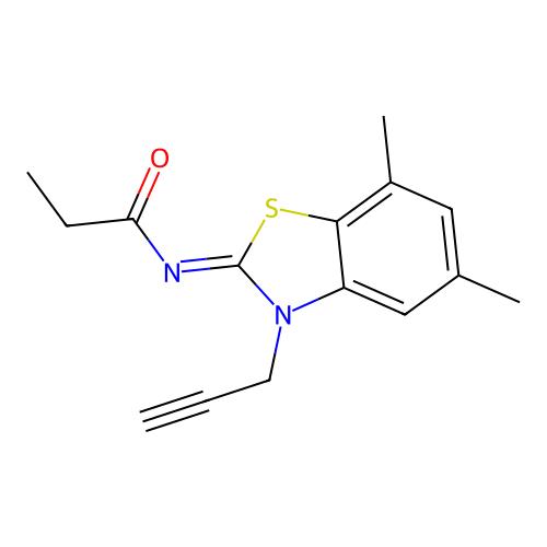 N-(5,7-dimethyl-3-prop-2-ynyl-1,3-benzothiazol-2-ylidene)propanamide structure
