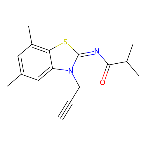 N-(5,7-dimethyl-3-prop-2-ynyl-1,3-benzothiazol-2-ylidene)-2-methylpropanamide structure