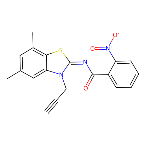 N-(5,7-dimethyl-3-prop-2-ynyl-1,3-benzothiazol-2-ylidene)-2-nitrobenzamide structure