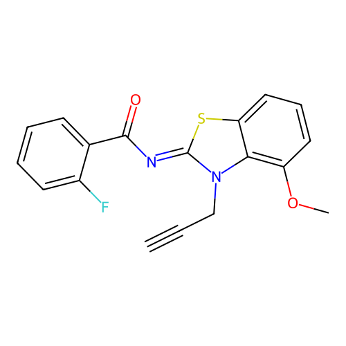 2-fluoro-N-(4-methoxy-3-prop-2-ynyl-1,3-benzothiazol-2-ylidene)benzamide structure